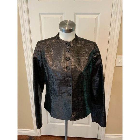 Burberry London Shimmering Black Wool Button-Up Jacket, Size 10 (US) 14 (UK)